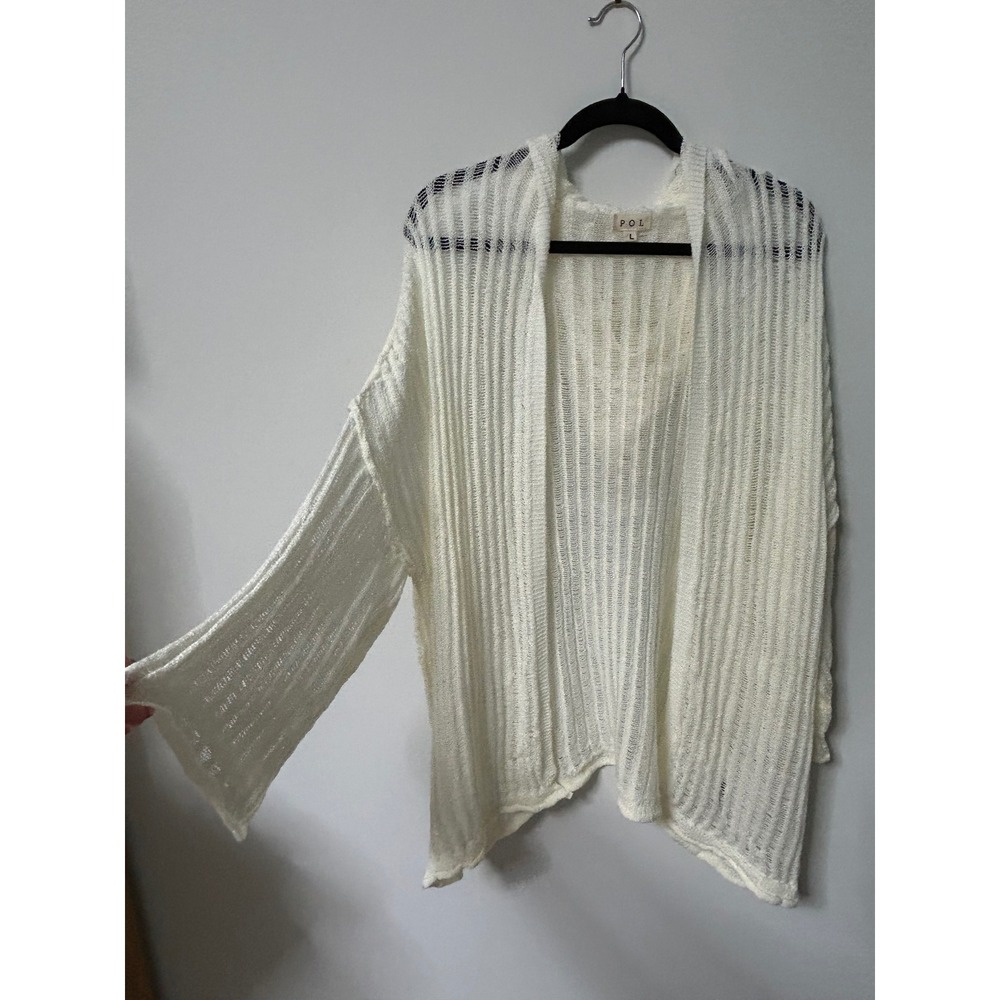 POL Womens Cream Open Knit Hooded Cardigan Sweater Large Boho Bell Sleeve
